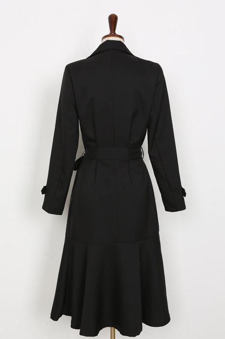 Black Ruffled Hem Long Trench Coats