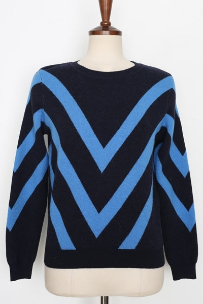 Navy Blue V-pattern Crewneck Knitted Tops Sweaters