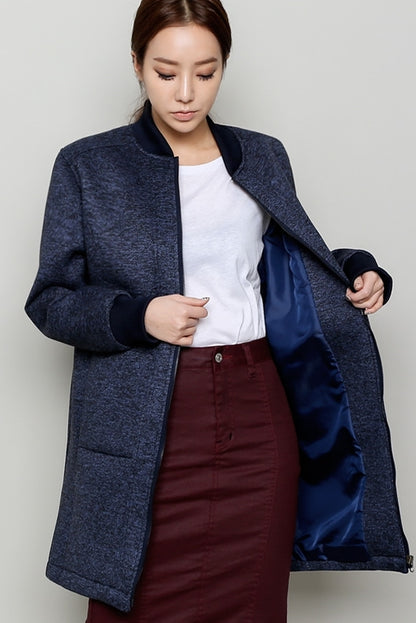 Navy Blue Neoprene Bomber Style Long Coats