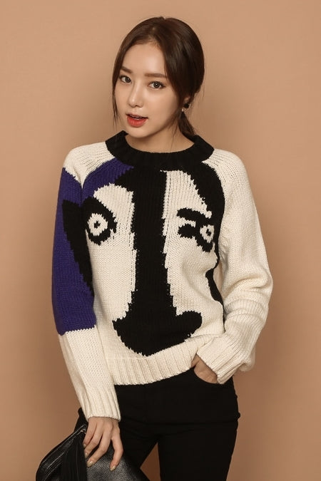 Blue Unique Face Print Sweaters Tops