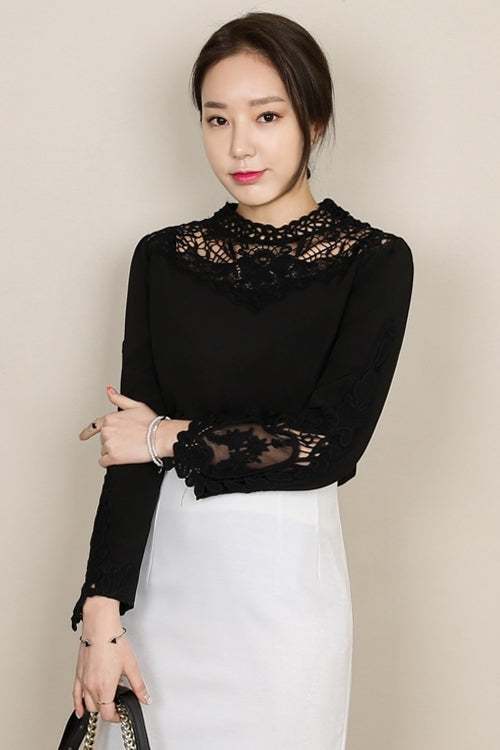 Black Floral Embroidery Lace Evening Blouses
