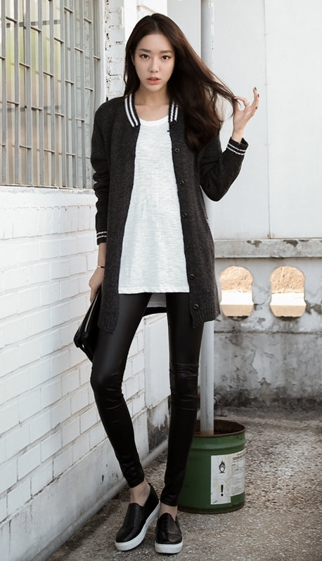 Charcoal Grey Varsity-Striped Long Cardigans