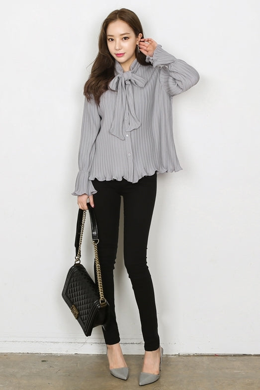 Pleated Front Ribbon Buttoned Blouses