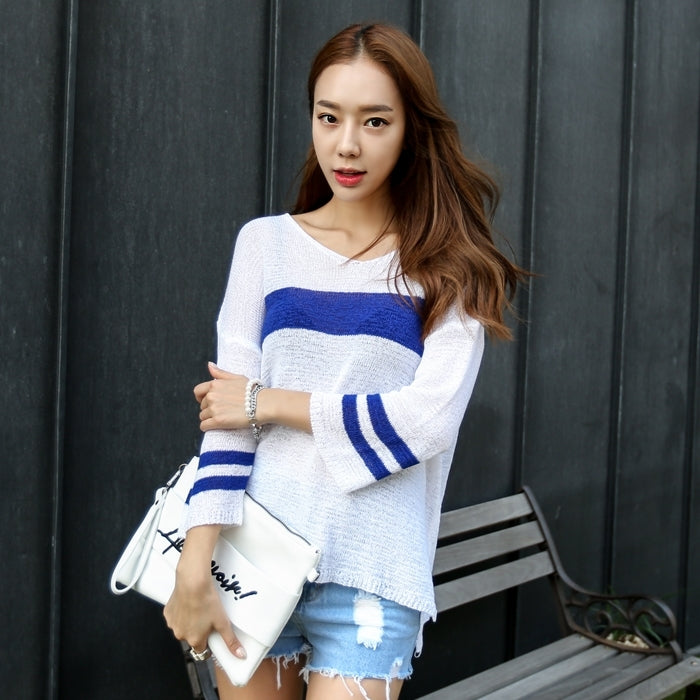 Colorblocked Cool Textured Knit Scoop Neck Tops