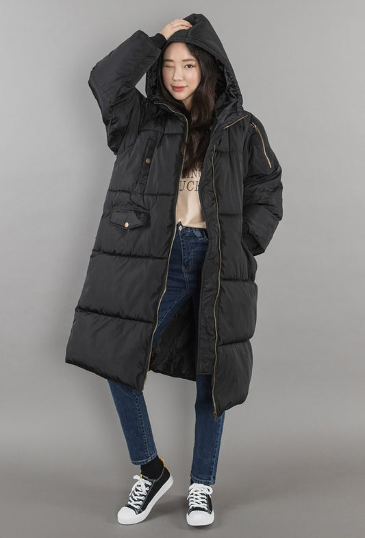 Black Hooded Long Puffers Coats