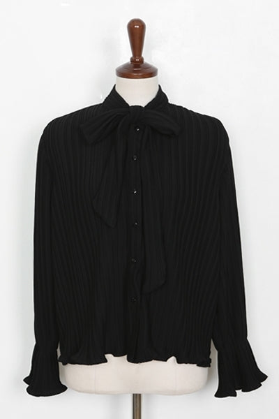 Pleated Front Ribbon Buttoned Blouses
