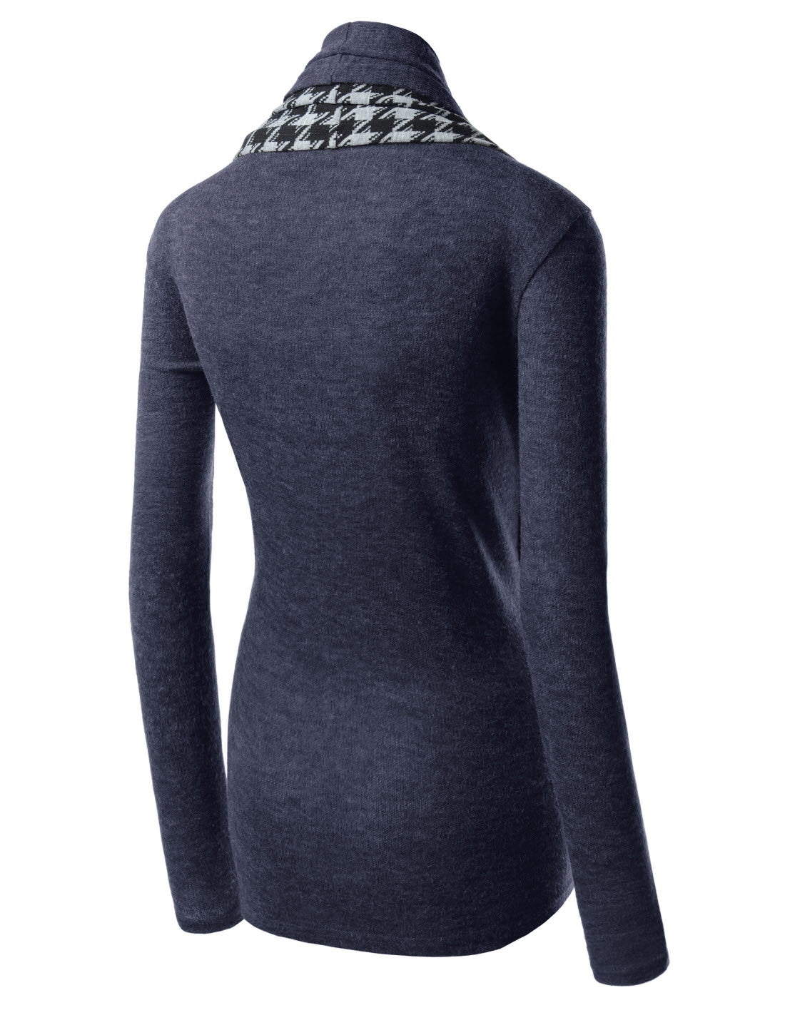 Navy Blue Houndstooth Shawl Collar Knitted Open Cardigans