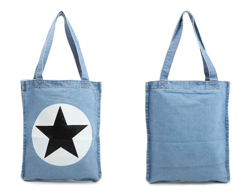 Light Blue Star Graphic Denim Jean Totes Shoulder Bags