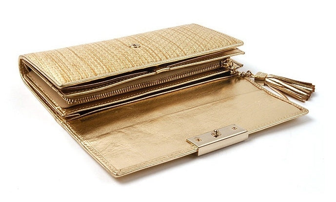 Gold Genuine Sheepskin Leather Tassel Clutch Style Long Wallets