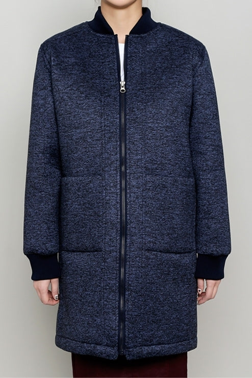 Navy Blue Neoprene Bomber Style Long Coats