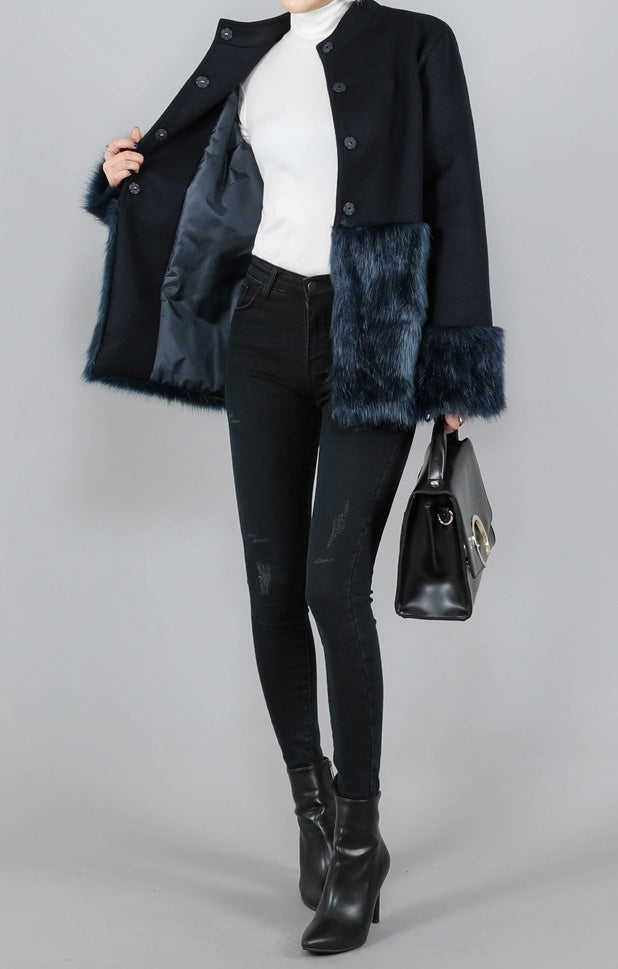 Navy Blue Luxury Faux Fur Wool Jackets