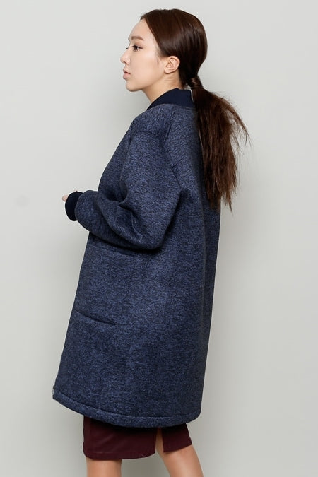 Navy Blue Neoprene Bomber Style Long Coats