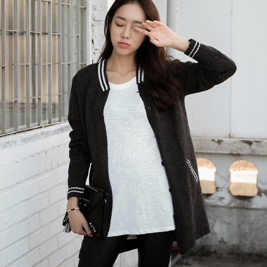 Charcoal Grey Varsity-Striped Long Cardigans