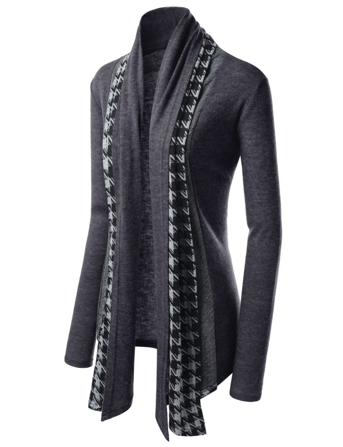 Charcoal Grey Houndstooth Shawl Collar Knitted Open Cardigans