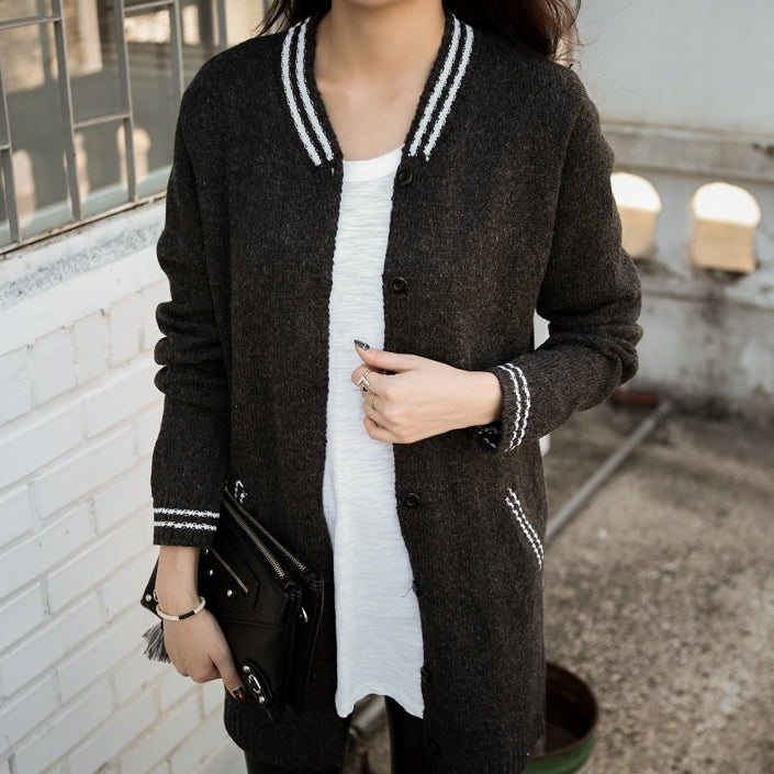 Charcoal Grey Varsity-Striped Long Cardigans