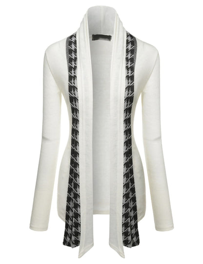 White Houndstooth Shawl Collar Knitted Open Cardigans