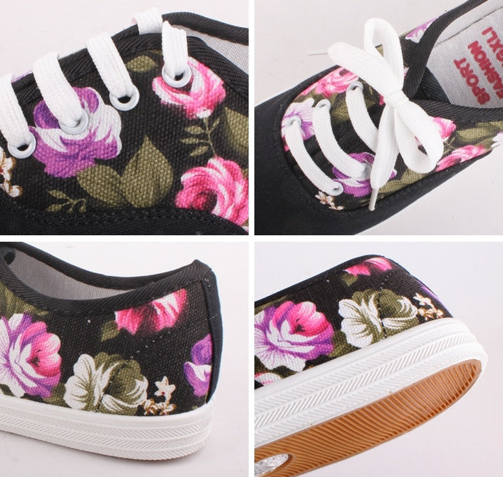 Black Floral Canvas Sneakers Cute Lovely Low-Tops Shoes