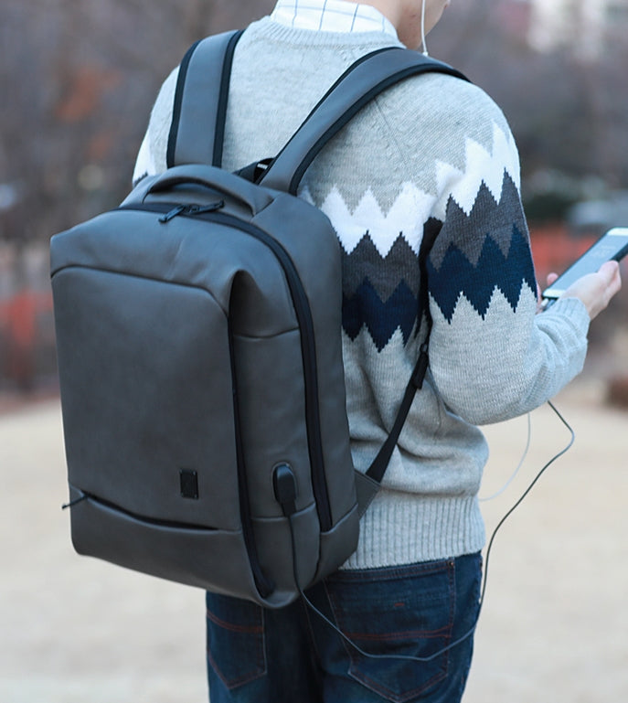 Grey USB PORT Rechargeable Faux Leather Backpacks