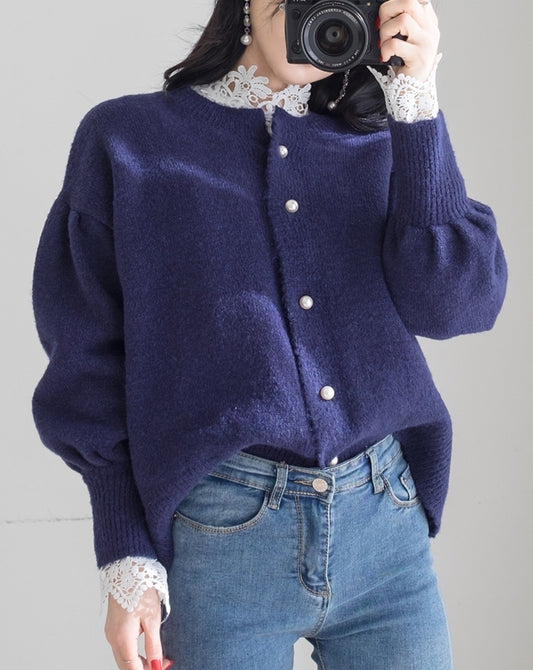 Navy Blue Puff Sleeved Wool Blend Cardigans