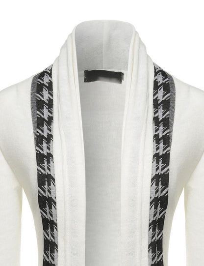 White Houndstooth Shawl Collar Knitted Open Cardigans