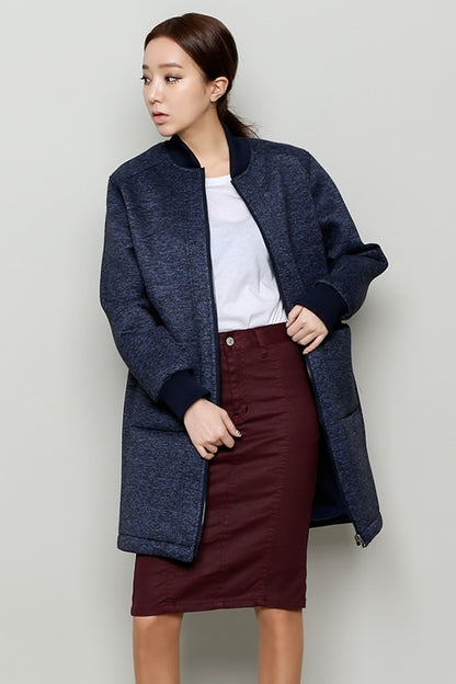 Navy Blue Neoprene Bomber Style Long Coats