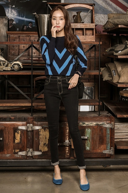 Navy Blue V-pattern Crewneck Knitted Tops Sweaters