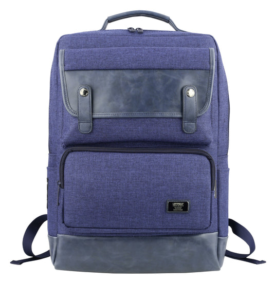 Navy Blue Canvas Faux Leather Paneled Casual Laptop Backpacks