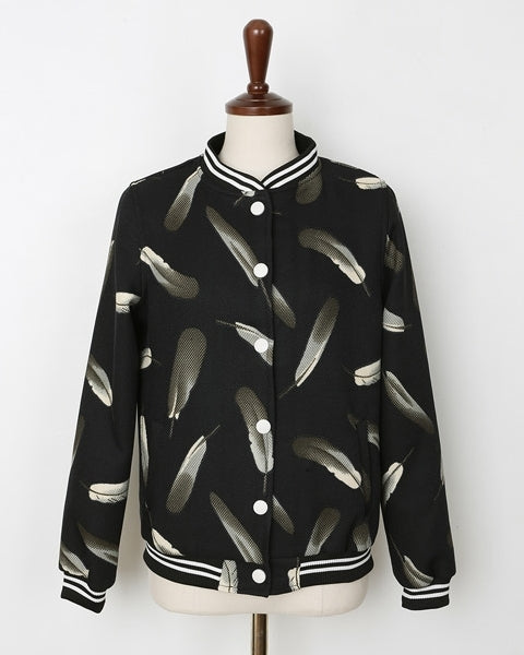 Black Feather Pattern Varsity-Striped Baseball Jackets