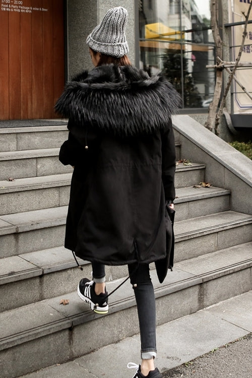 Black Hooded Fur Military Parka Coats