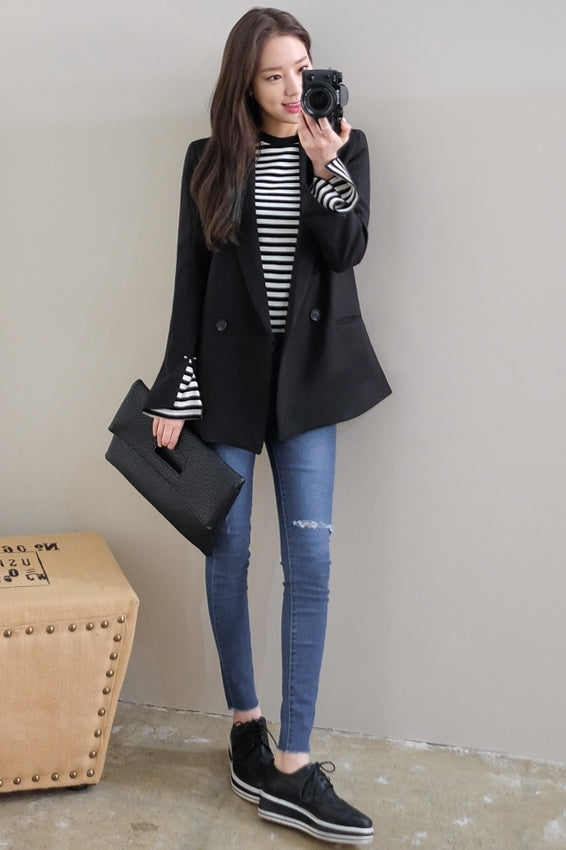 Black Double Breasted Slit Sleeved Blazers