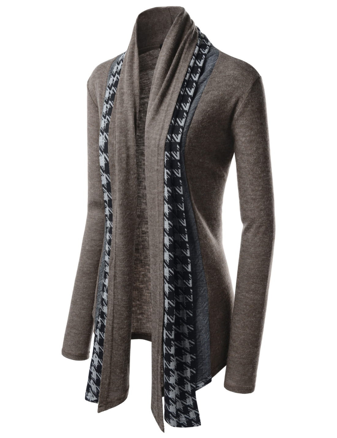 Brown Houndstooth Shawl Collar Knitted Open Cardigans