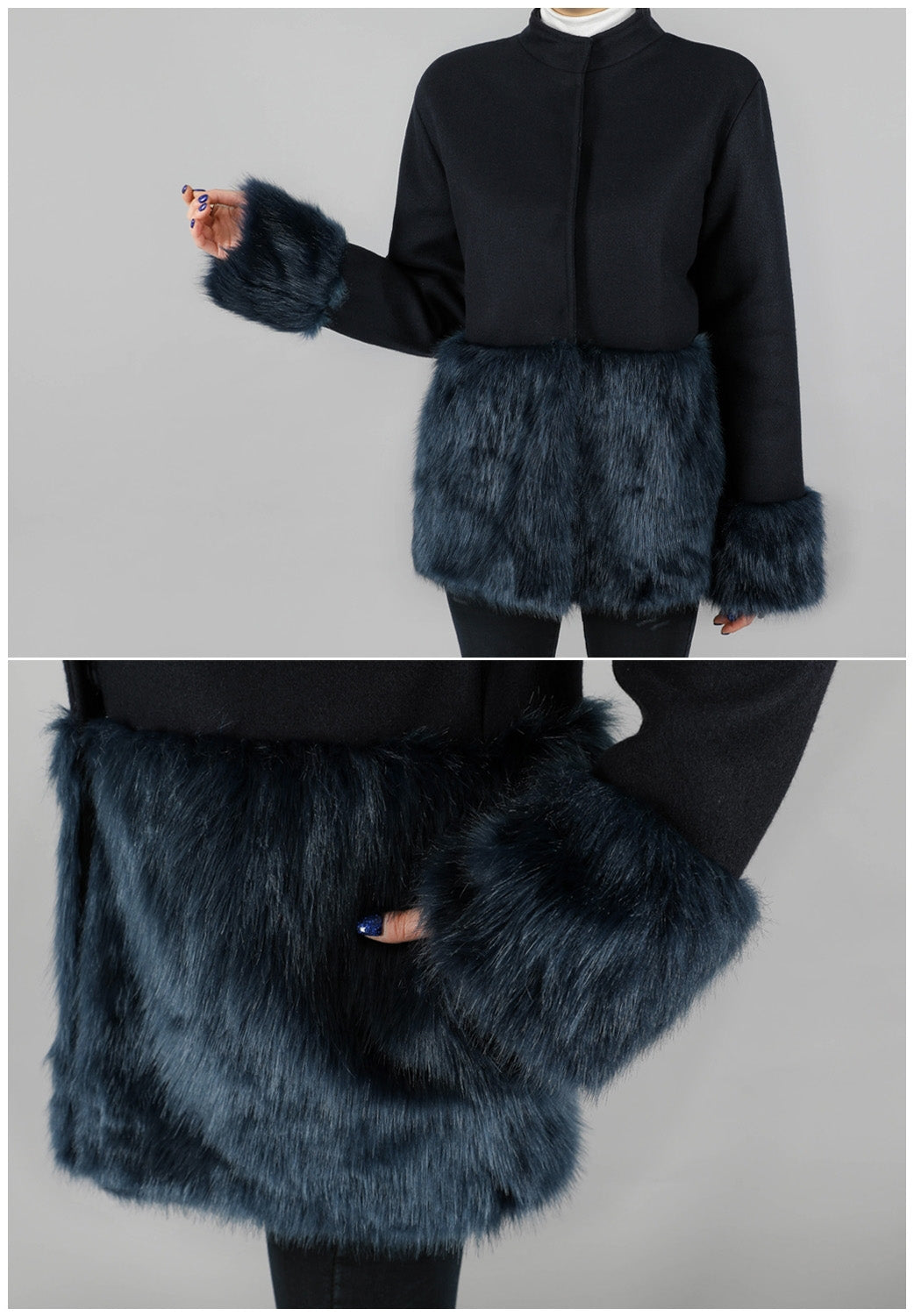 Navy Blue Luxury Faux Fur Wool Jackets