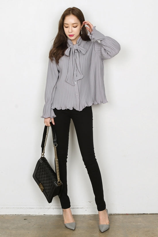 Pleated Front Ribbon Buttoned Blouses