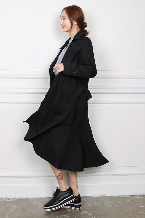 Black Ruffled Hem Long Trench Coats