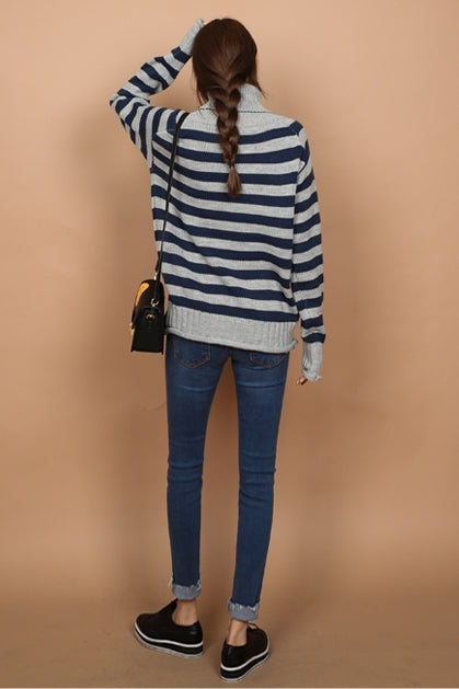 Navy Blue Striped Patterned Turtleneck Sweaters