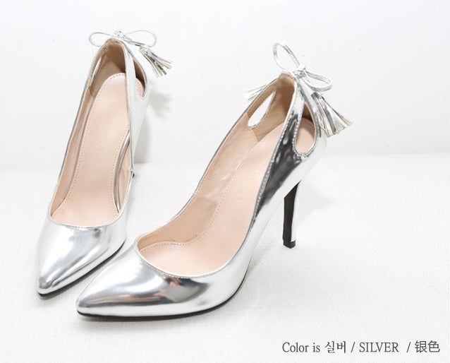 Silver Faux Patent Leather Ribbon Tassel Pumps Shoes