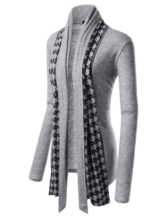 Heather Gray Houndstooth Shawl Collar Knitted Open Cardigans