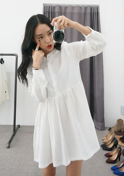 White Girlish Button-down Mandarin Collar Flared Dresses