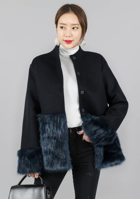 Navy Blue Luxury Faux Fur Wool Jackets