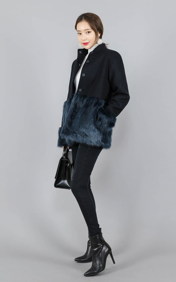 Navy Blue Luxury Faux Fur Wool Jackets