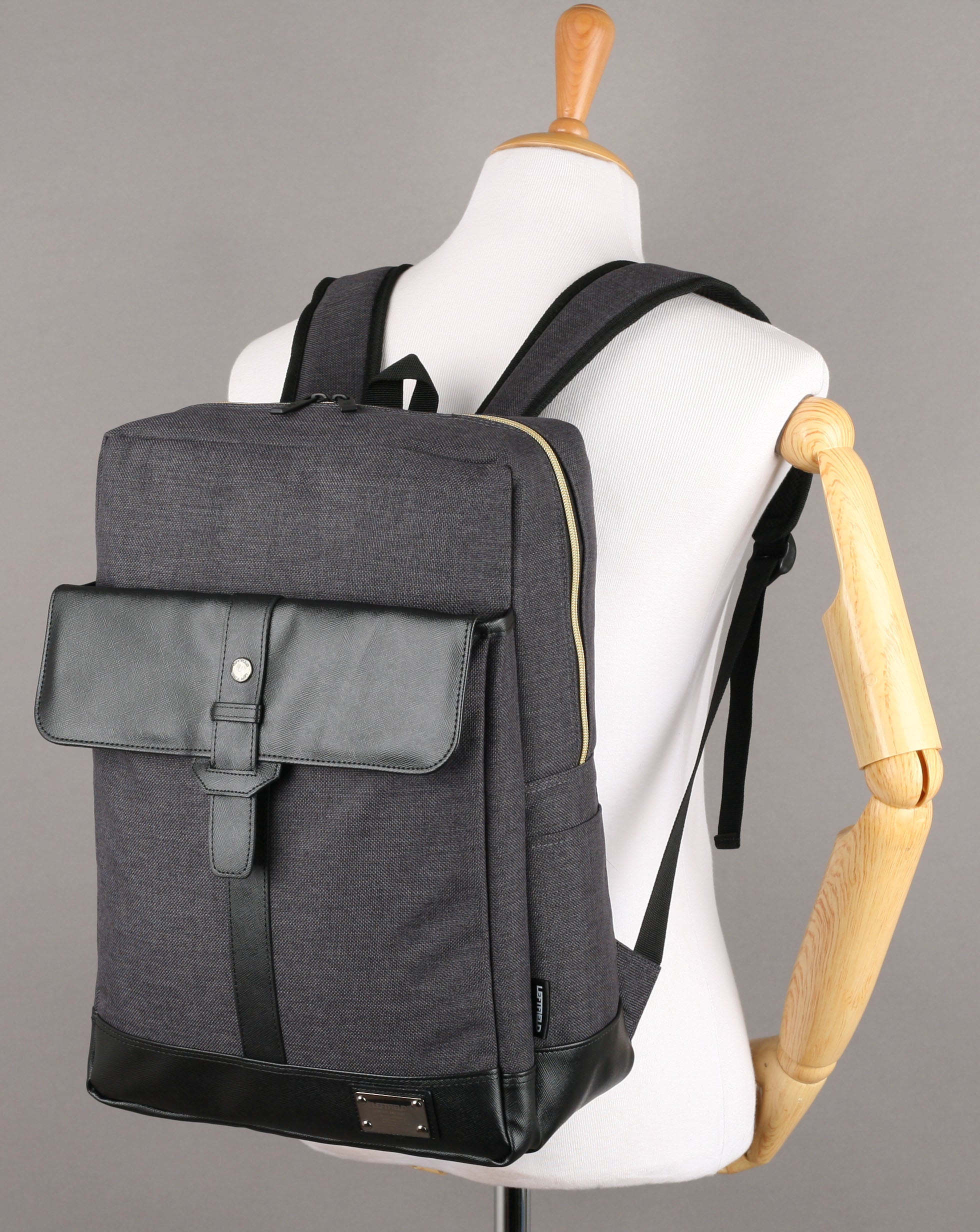 Black Faux Leather Paneled Canvas Satchel Backpacks