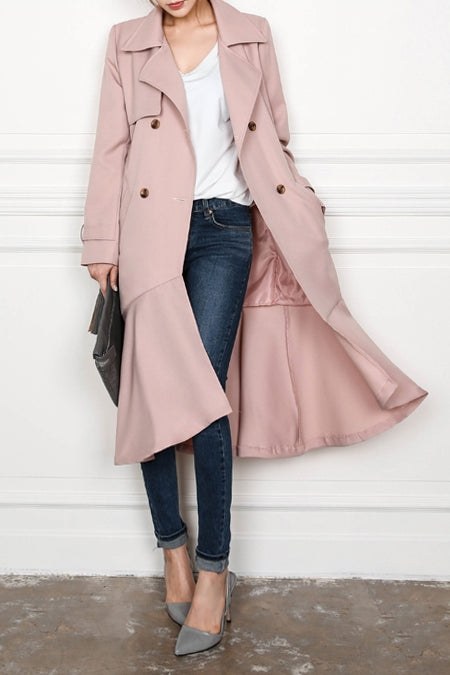 Pink Ruffled Hem Long Trench Coats