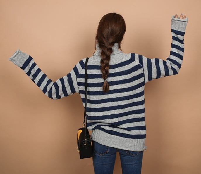 Navy Blue Striped Patterned Turtleneck Sweaters