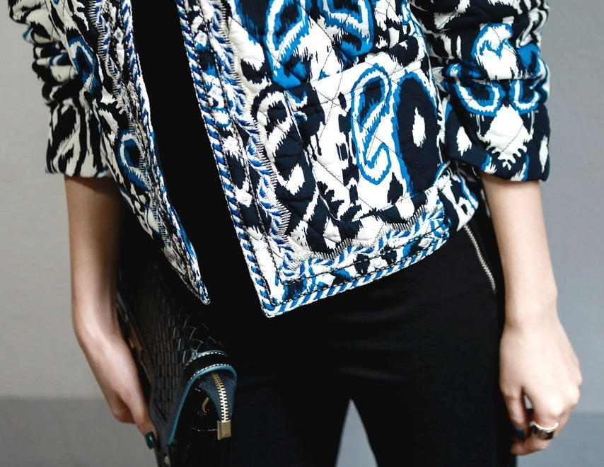 Blue Ethnic Quilted Bomber Jackets