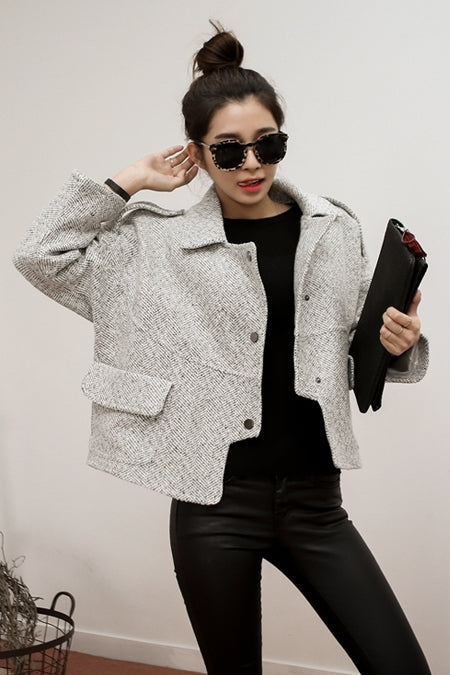 Gray Herringbone Designer Cropped Jackets Coats