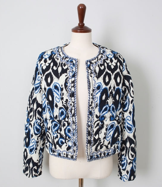 Blue Ethnic Quilted Bomber Jackets