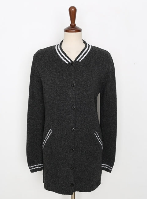 Charcoal Grey Varsity-Striped Long Cardigans