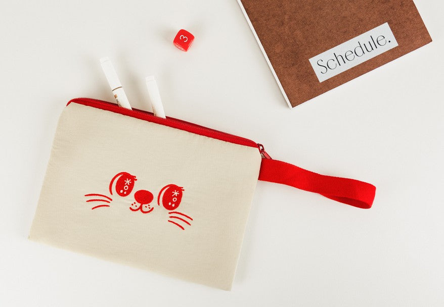 Red Beige Cute Sweet Cat Pouches Slim Pencil Cases Airy Basic Hand Strap Ultra Lightweight Stationery Embroidery