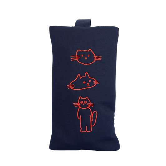 Navy Blue Cats Graphic Embroidery Airy Hand Strap Pouches Slim Pencil Cases Ultra Light Stationery School Office Cosmetics Bags Gifts Bags Purses Students Cute Teens Girls