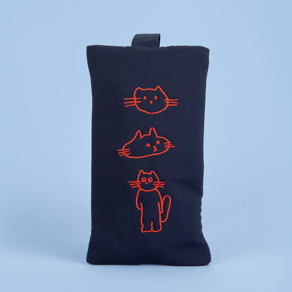 Navy Blue Cats Graphic Embroidery Airy Hand Strap Pouches Slim Pencil Cases Ultra Light Stationery School Office Cosmetics Bags Gifts Bags Purses Students Cute Teens Girls